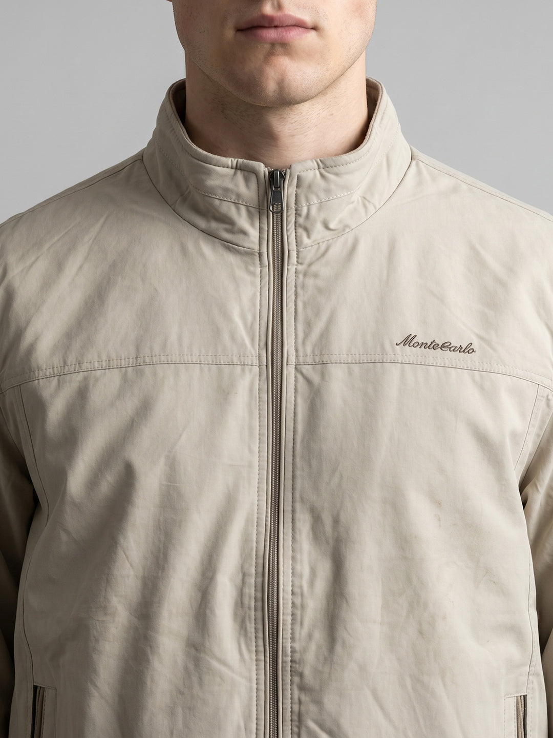 Men Beige Solid Collar Full Sleeve Bomber Jacket