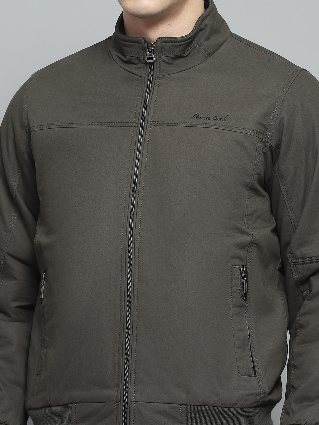 Men Olive Solid Mock Neck Full Sleeve Jacket