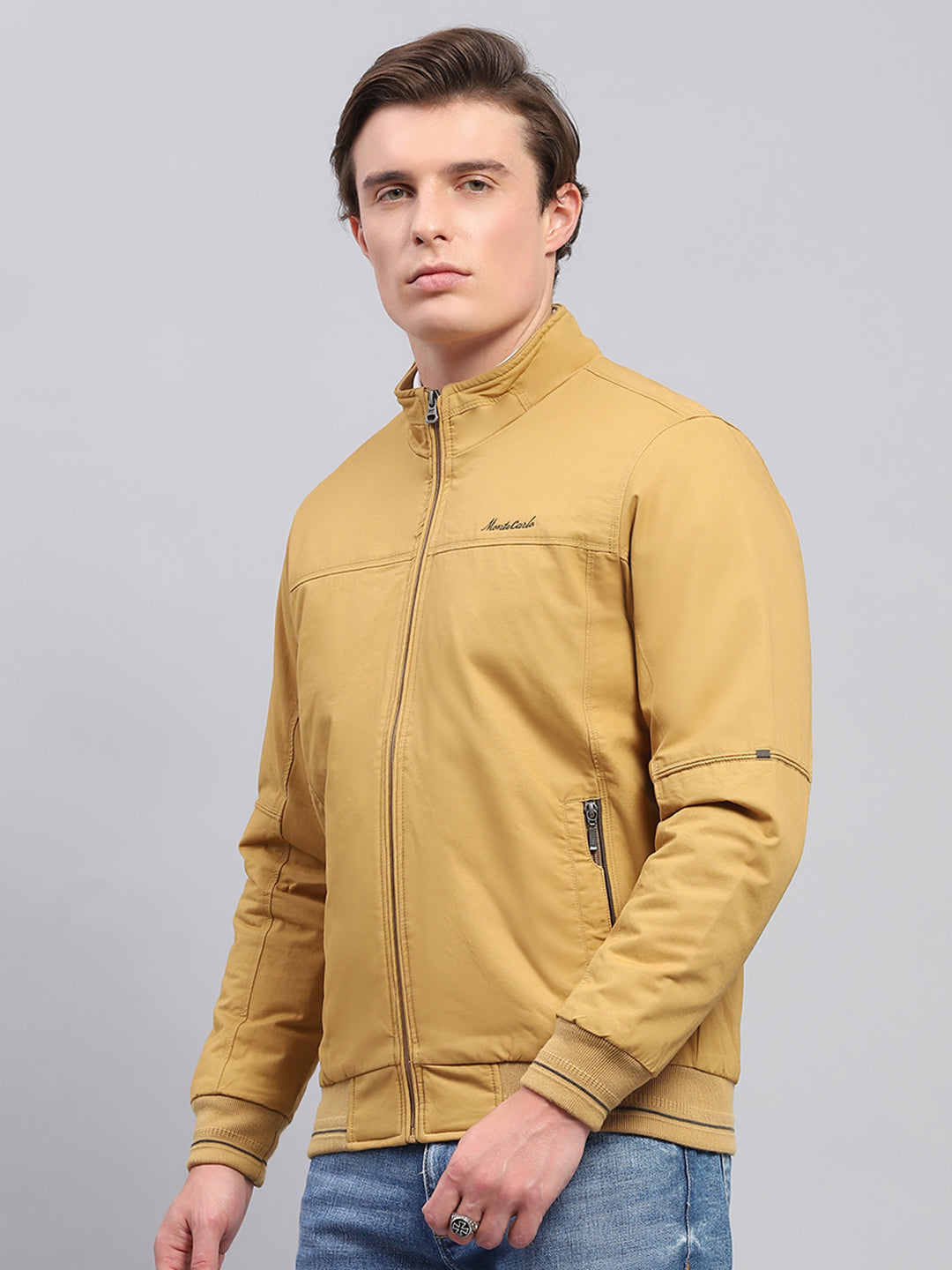 Men Yellow Solid Mock Neck Full Sleeve Jacket