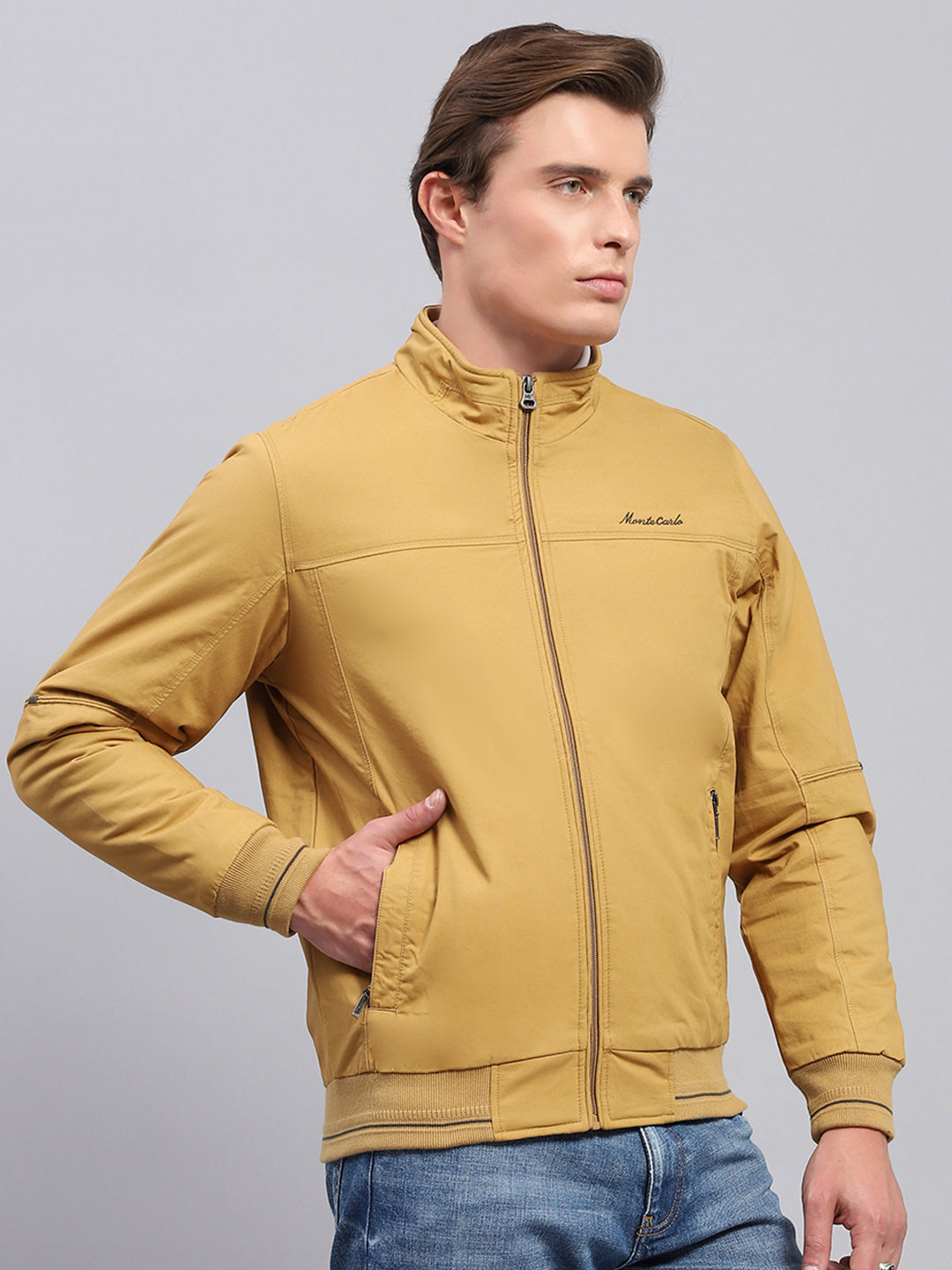 Men Yellow Solid Mock Neck Full Sleeve Jacket