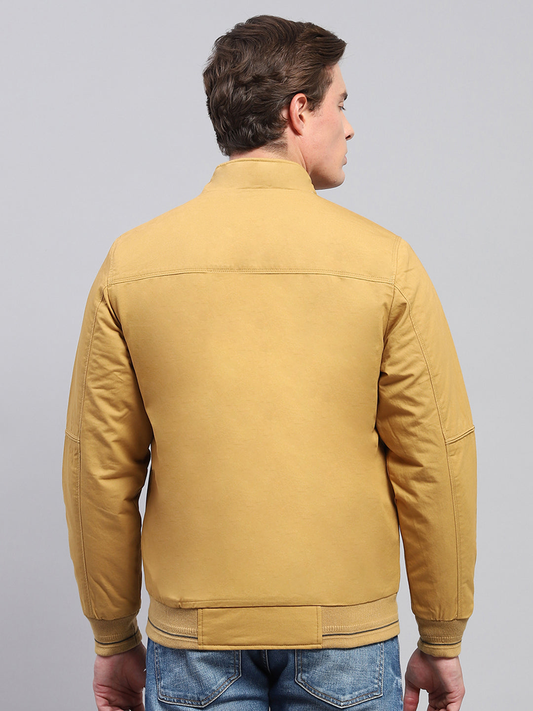 Men Yellow Solid Mock Neck Full Sleeve Jacket