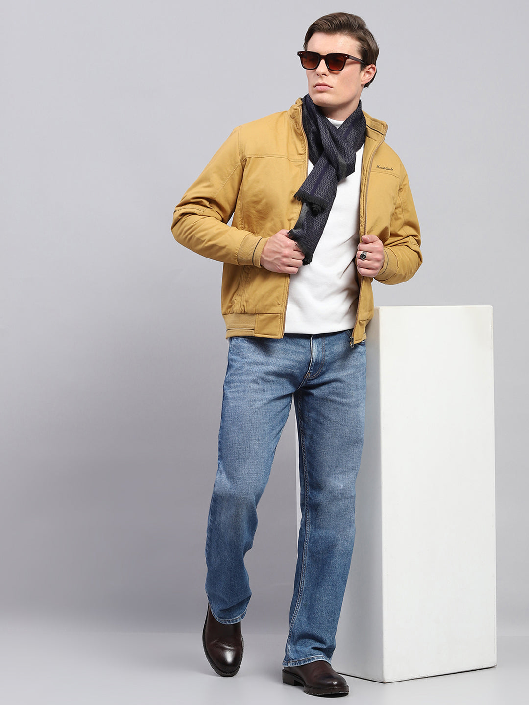 Men Yellow Solid Mock Neck Full Sleeve Jacket