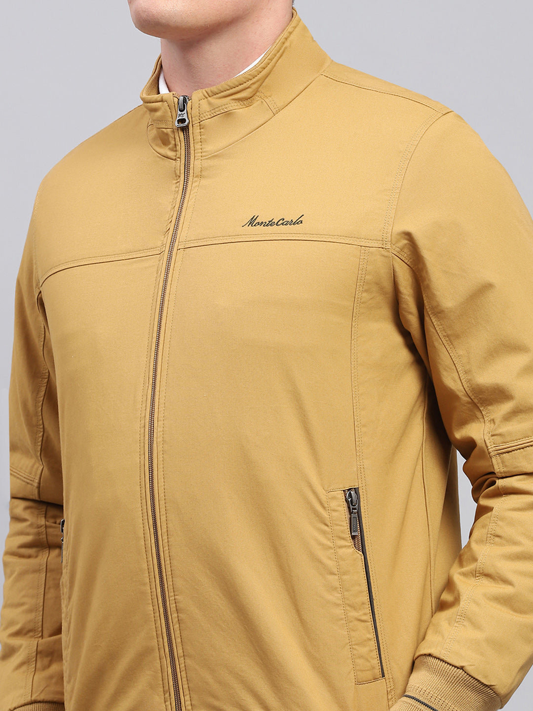 Men Yellow Solid Mock Neck Full Sleeve Jacket