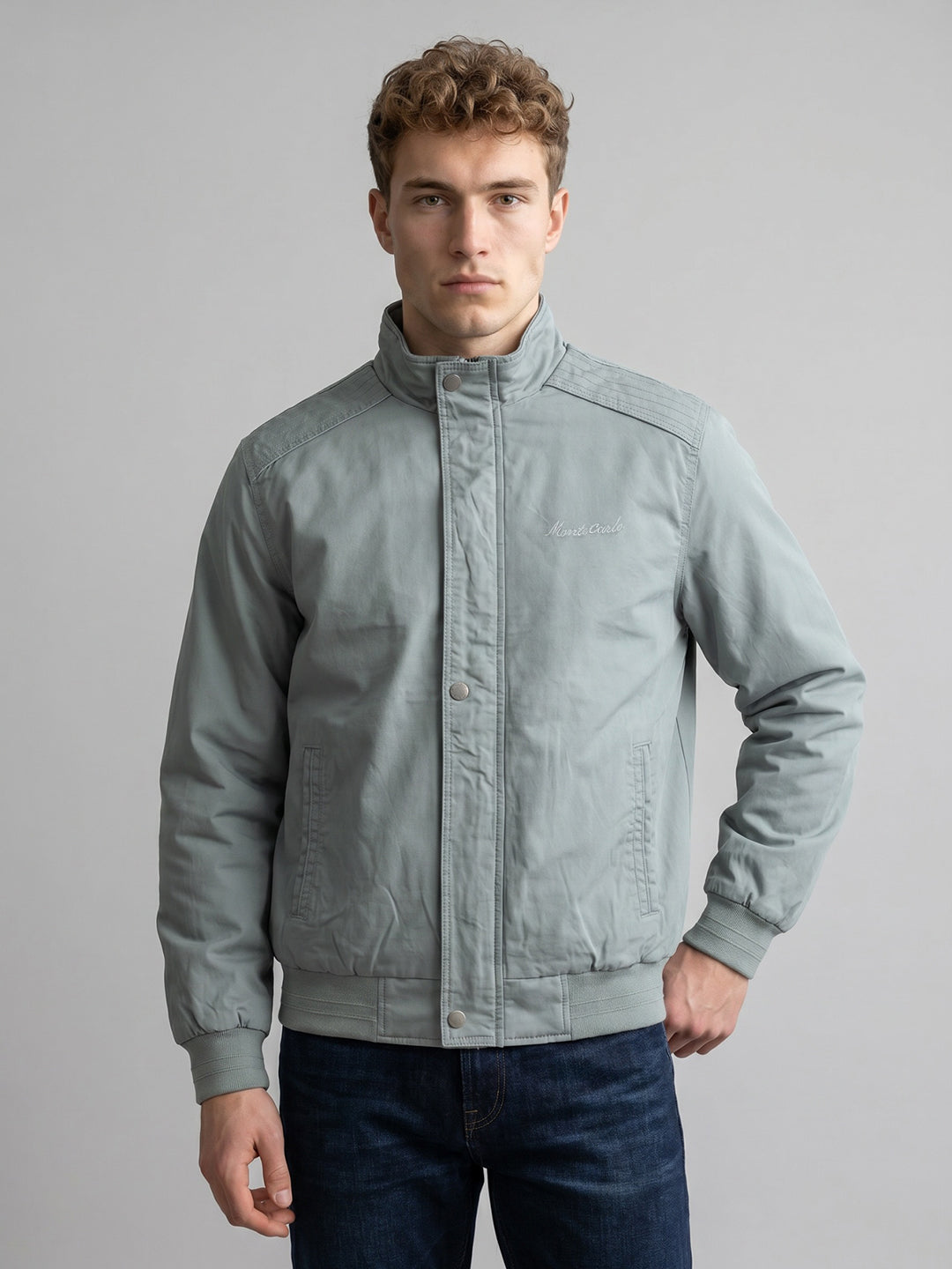 Men Blue Solid Mandarin Collar Full Sleeve Bomber Jacket