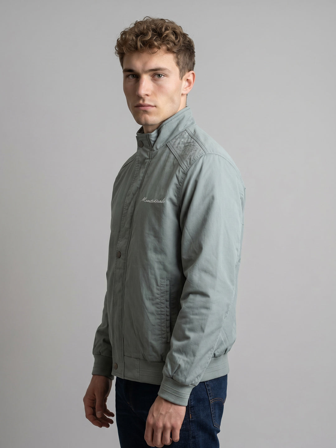 Men Blue Solid Mandarin Collar Full Sleeve Bomber Jacket