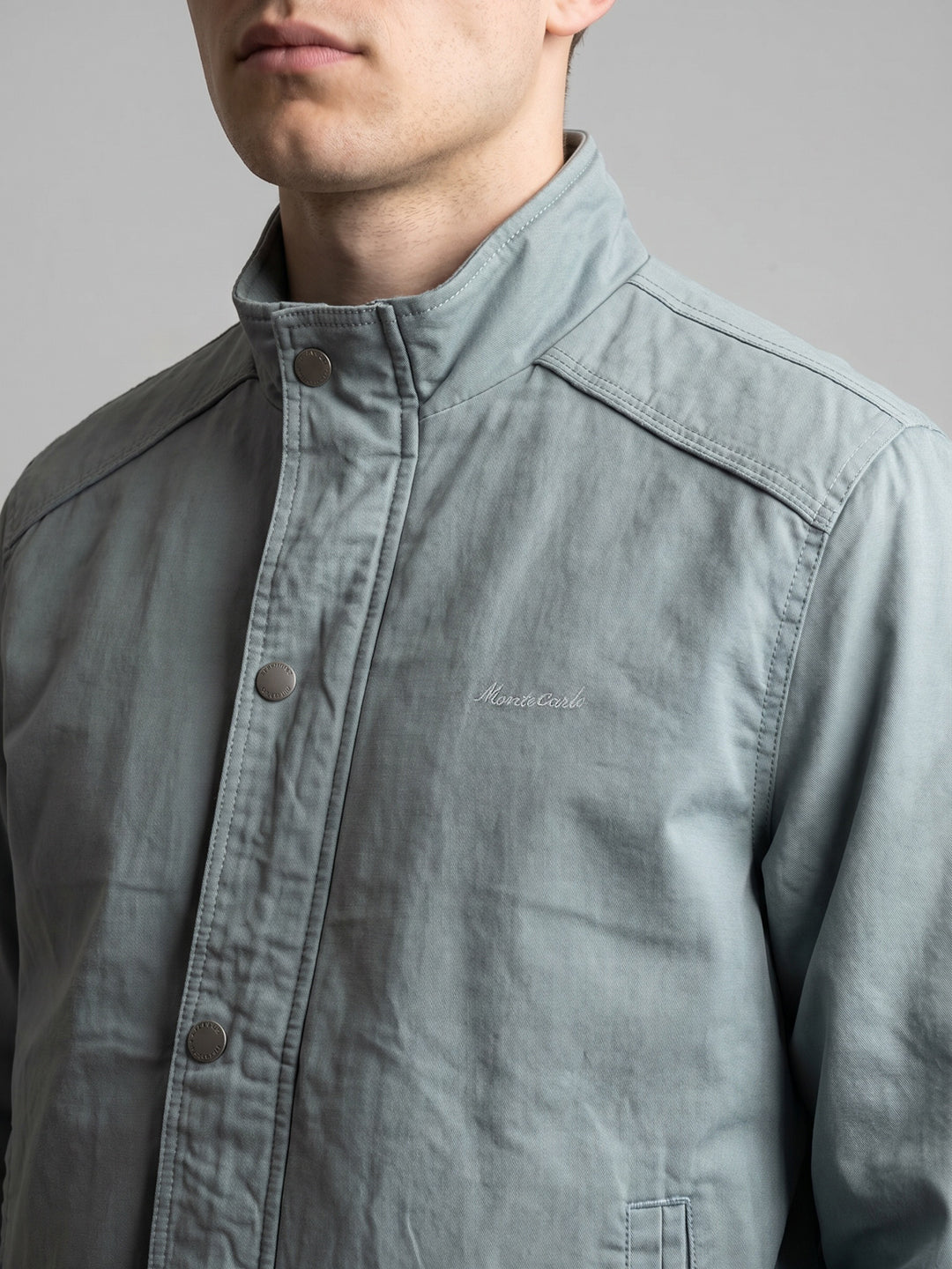 Men Blue Solid Mandarin Collar Full Sleeve Bomber Jacket