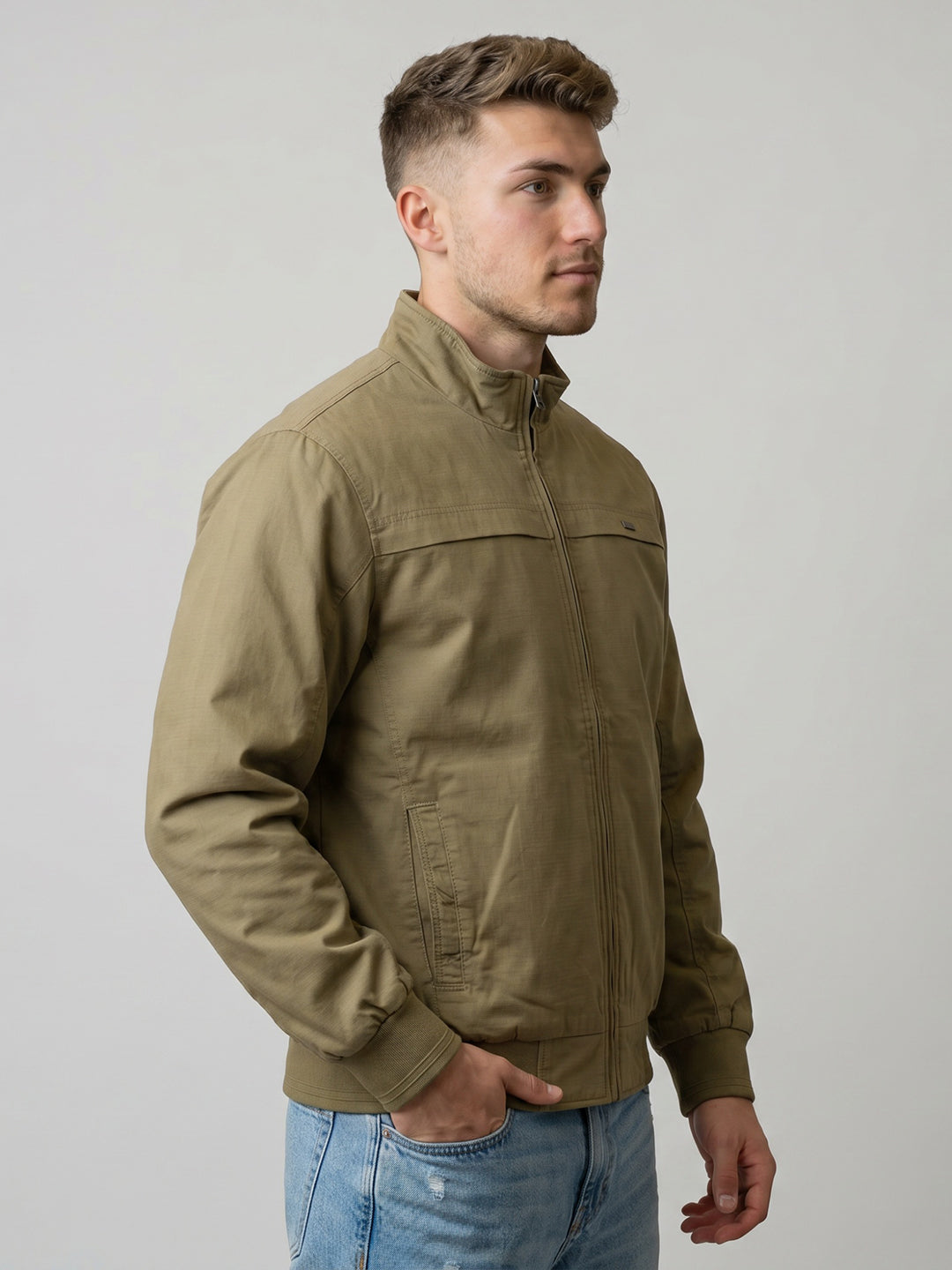 Men Khaki Solid Turtle Neck Full Sleeve Bomber Jacket