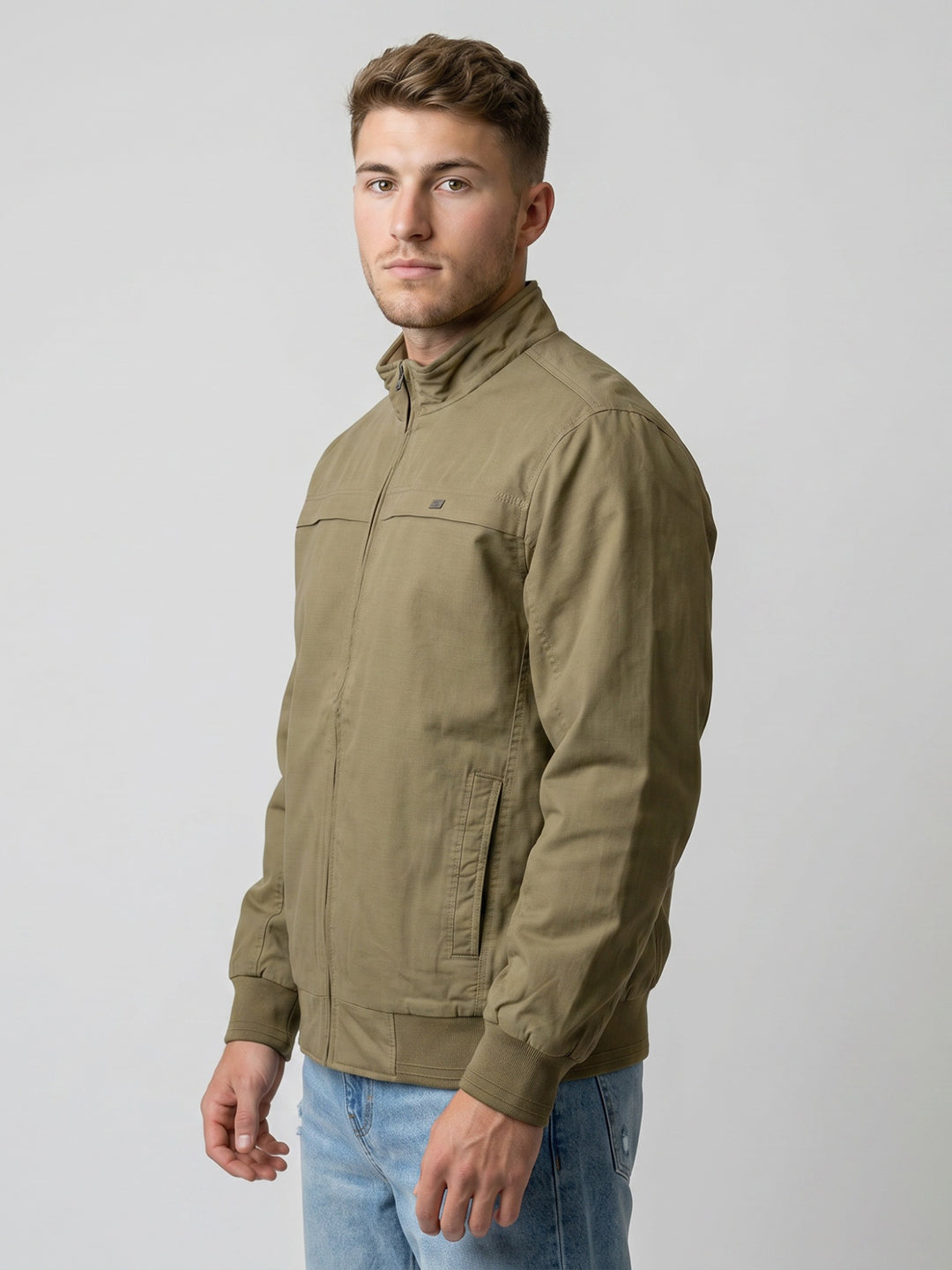 Men Khaki Solid Turtle Neck Full Sleeve Bomber Jacket