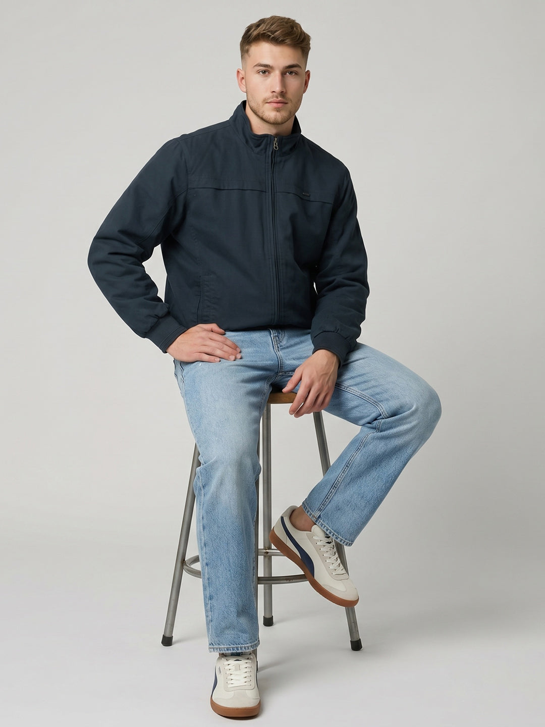 Men Navy Blue Solid Turtle Neck Full Sleeve Bomber Jacket
