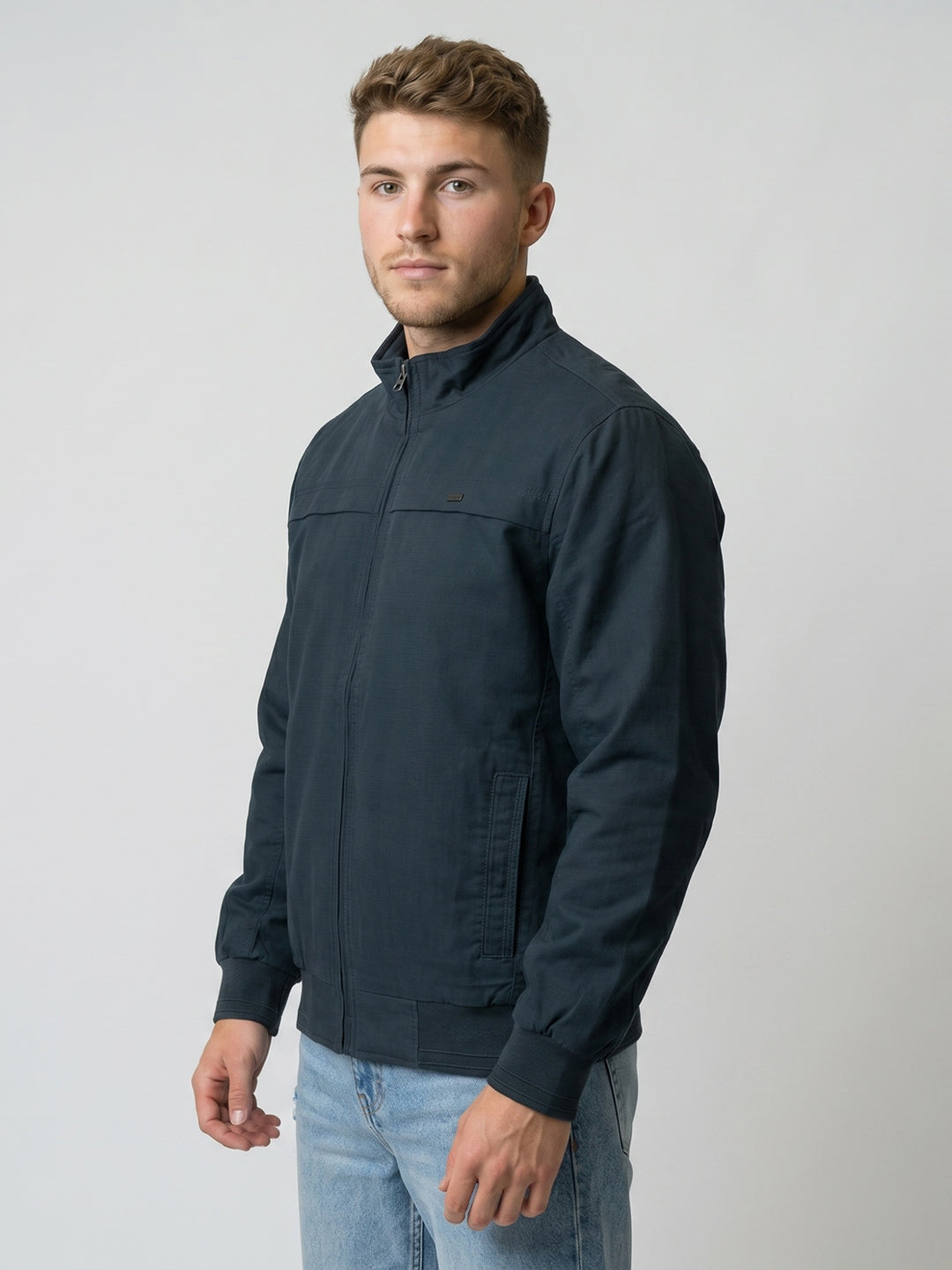 Men Navy Blue Solid Turtle Neck Full Sleeve Bomber Jacket