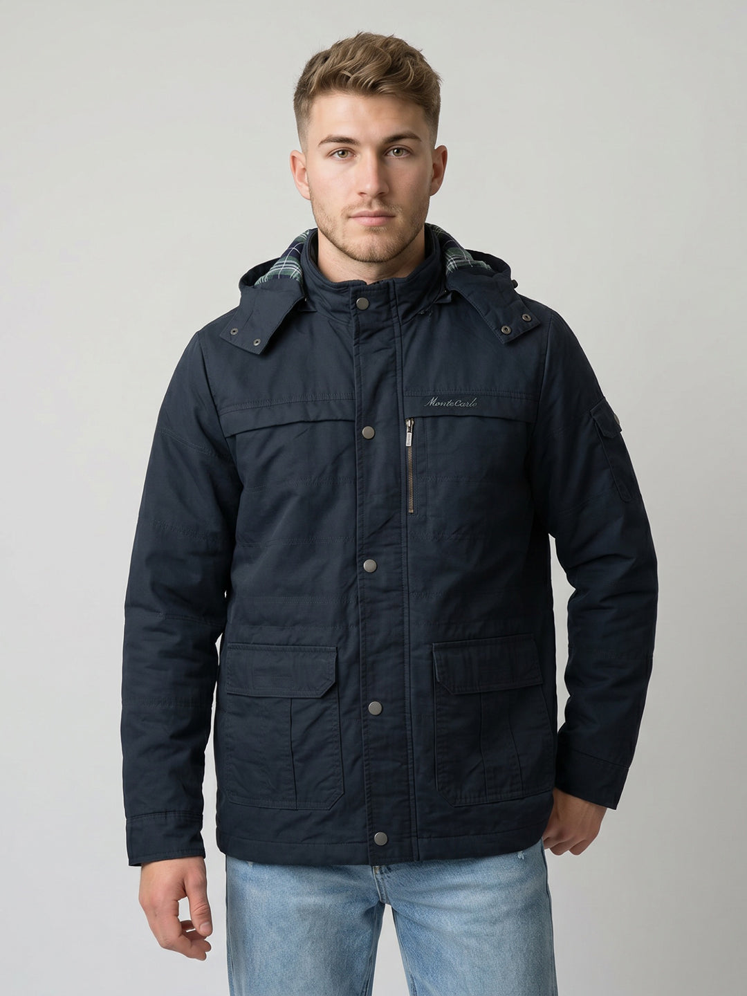 Men Navy Blue Solid Full Sleeve Padded Jacket with Detachable Hood