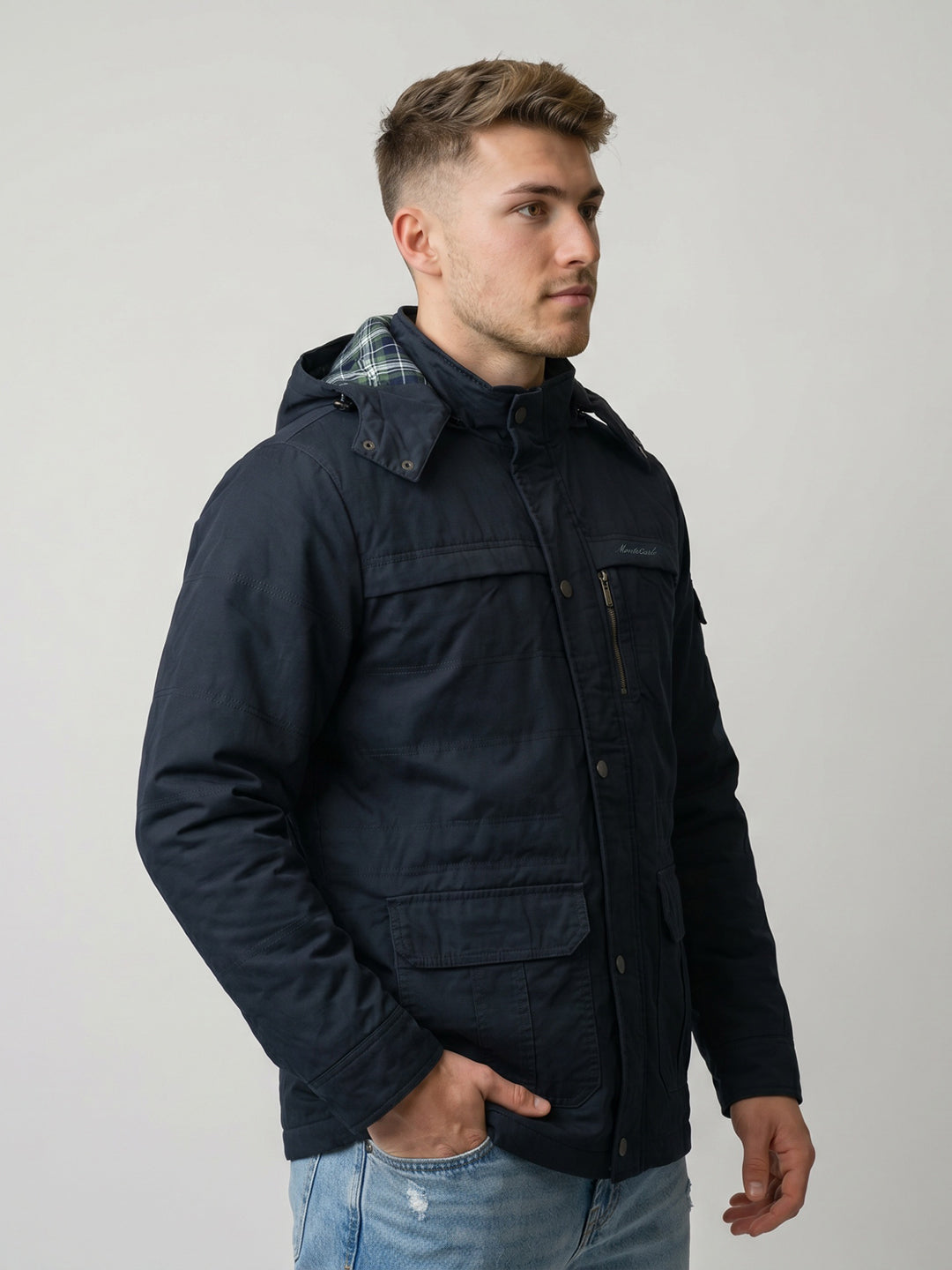 Men Navy Blue Solid Full Sleeve Padded Jacket with Detachable Hood