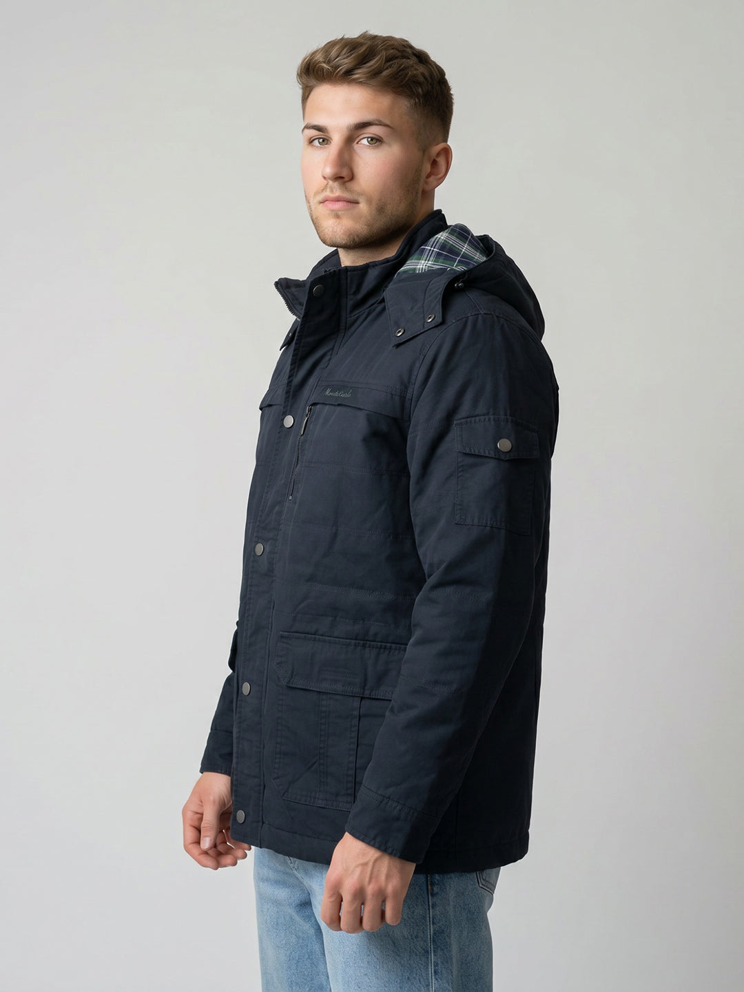Men Navy Blue Solid Full Sleeve Padded Jacket with Detachable Hood