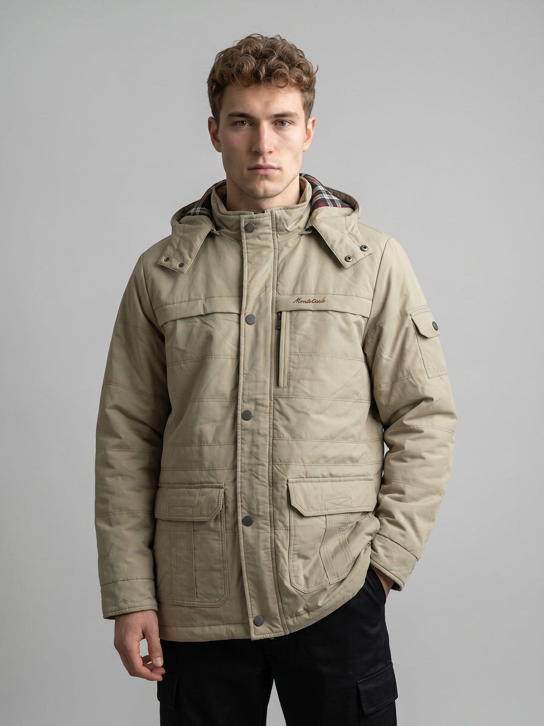 Men Beige Solid Detachable Hood Full Sleeve Padded Jacket