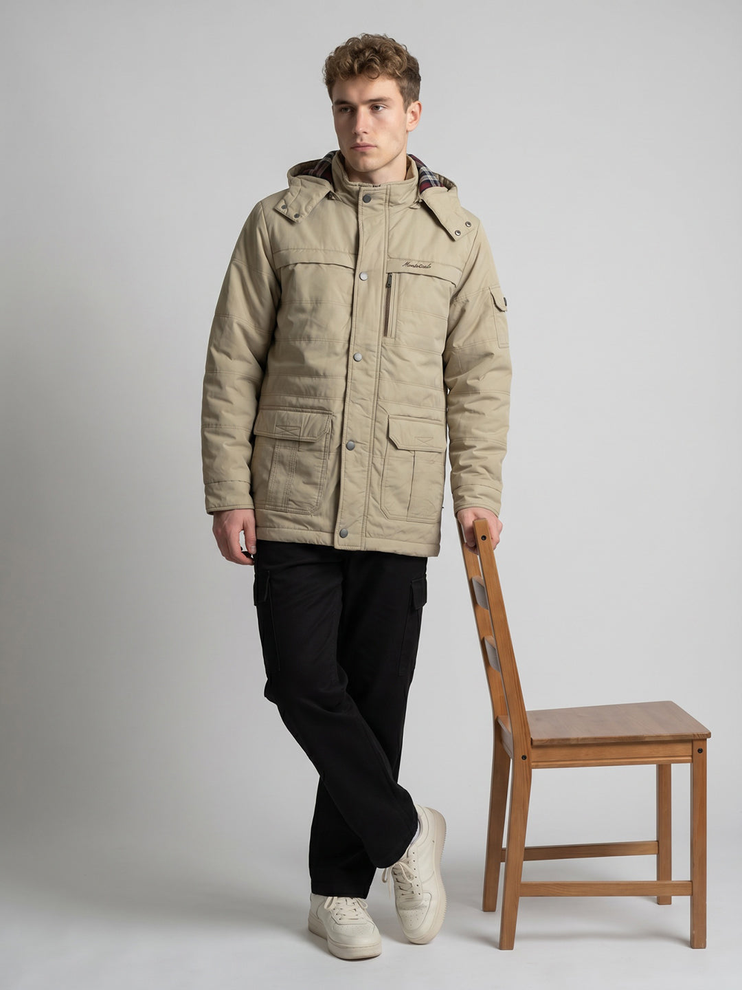 Men Beige Solid Detachable Hood Full Sleeve Padded Jacket