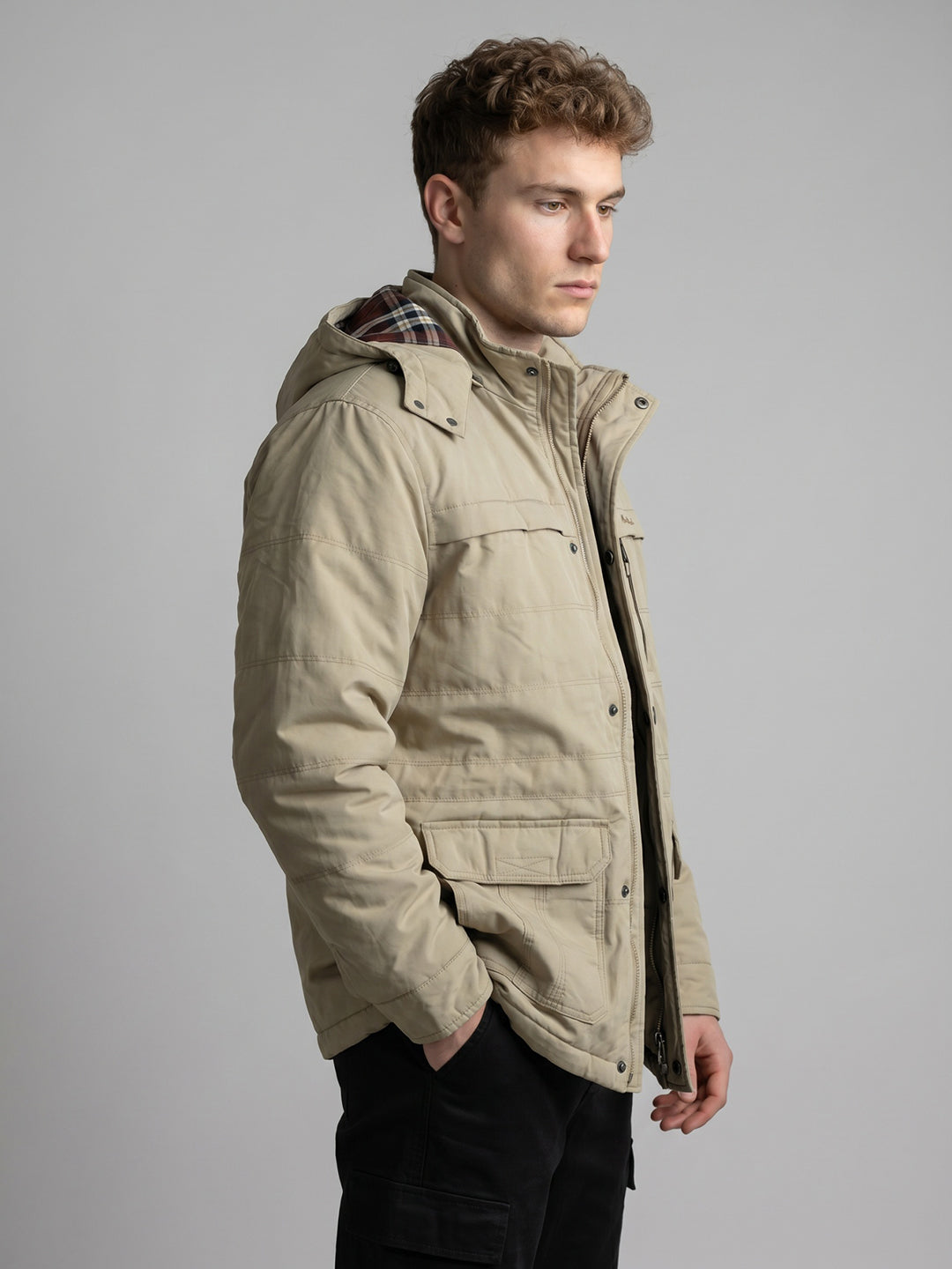 Men Beige Solid Detachable Hood Full Sleeve Padded Jacket