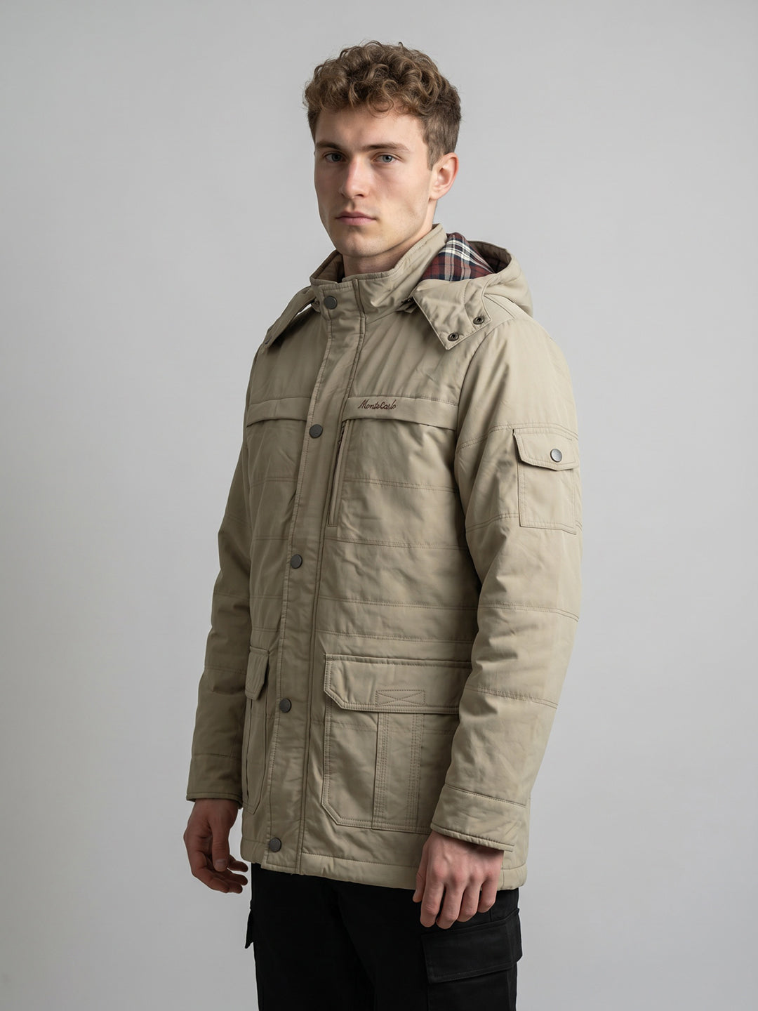 Men Beige Solid Detachable Hood Full Sleeve Padded Jacket