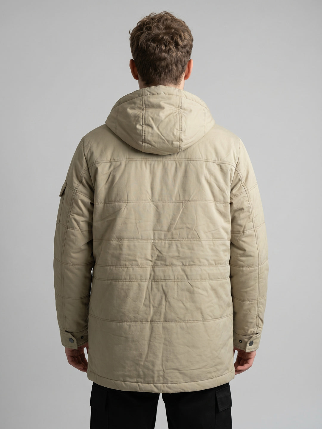 Men Beige Solid Detachable Hood Full Sleeve Padded Jacket