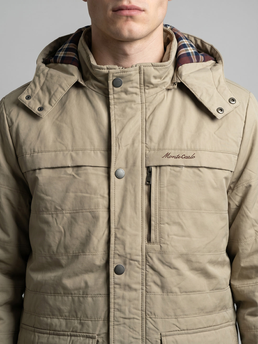Men Beige Solid Detachable Hood Full Sleeve Padded Jacket