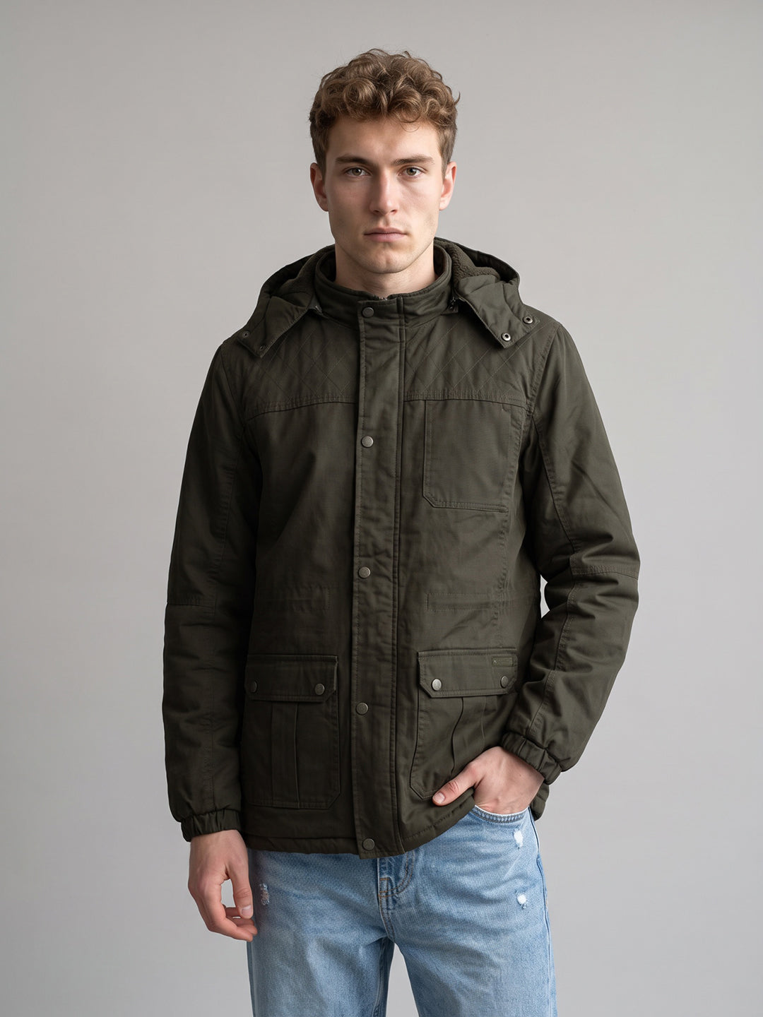 Men Olive Solid Detachable Hood Full Sleeve Parka Jacket