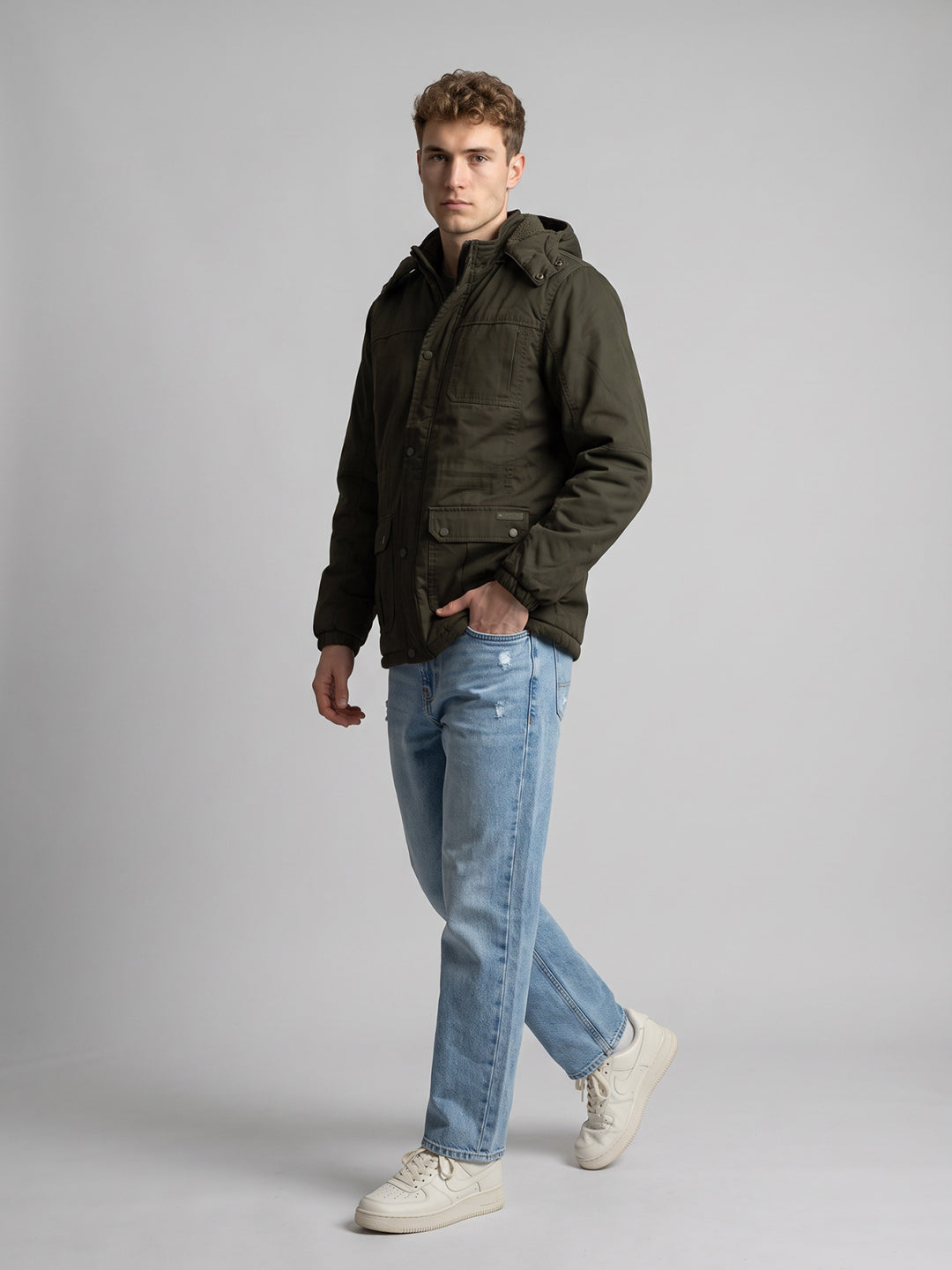 Men Olive Solid Detachable Hood Full Sleeve Parka Jacket
