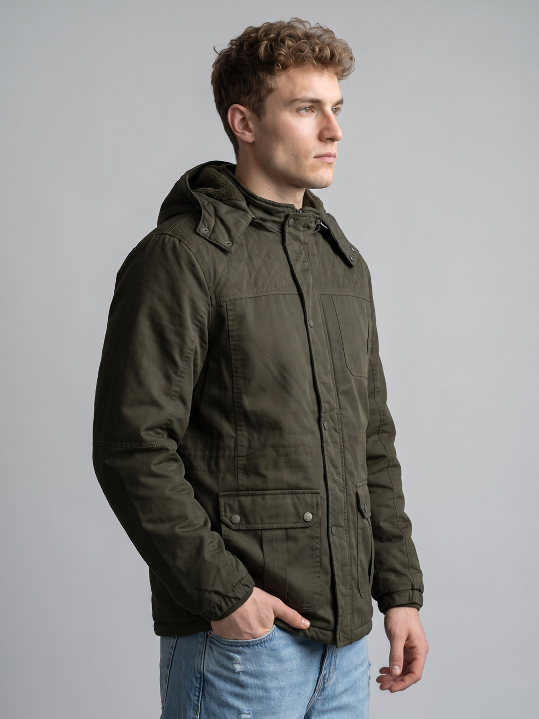 Men Olive Solid Detachable Hood Full Sleeve Parka Jacket