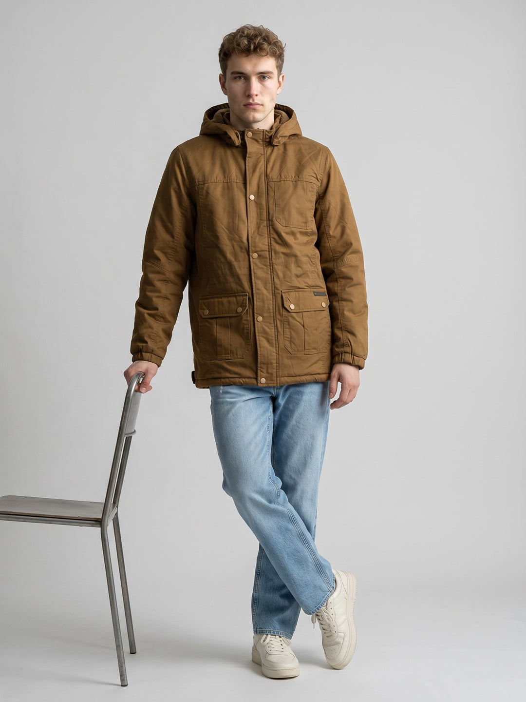 Men Brown Solid Detachable Hood Full Sleeve Parka Jacket