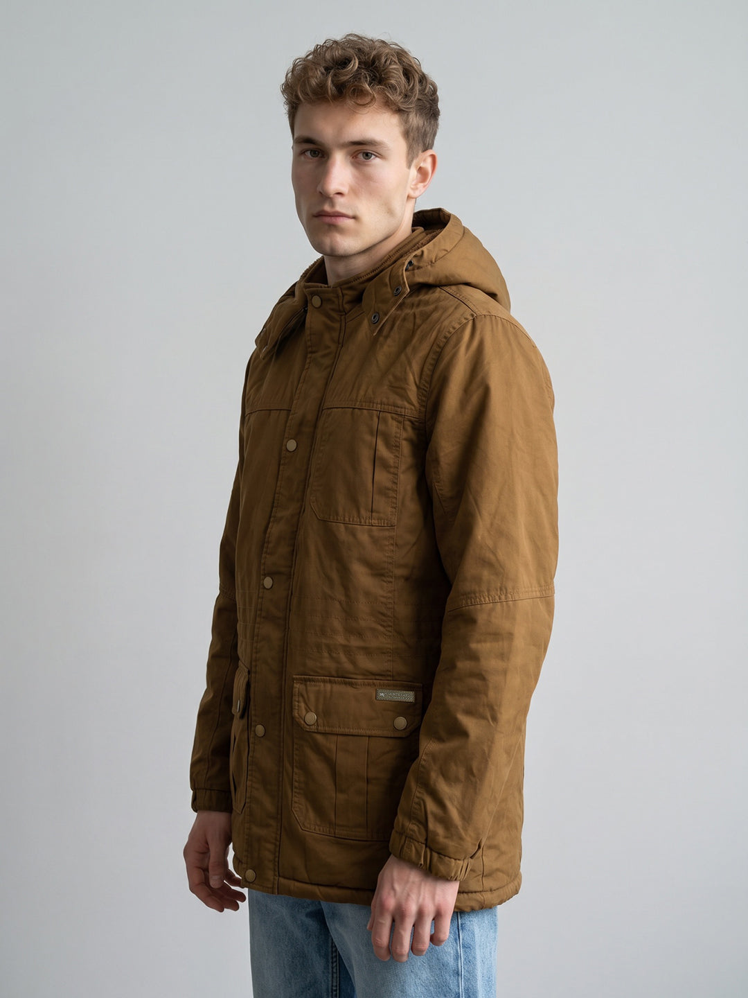 Men Brown Solid Detachable Hood Full Sleeve Parka Jacket