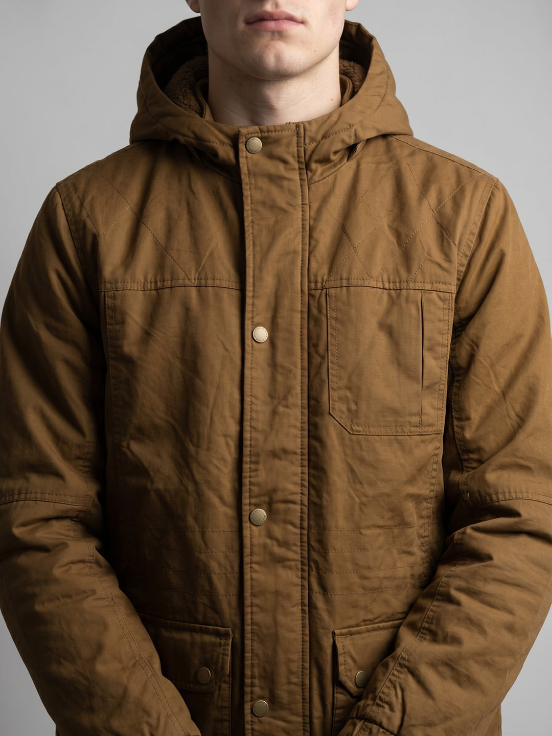 Men Brown Solid Detachable Hood Full Sleeve Parka Jacket