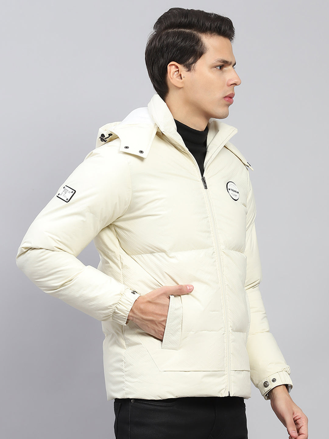 Men Cream Solid Detachable Hood Full Sleeve Jacket