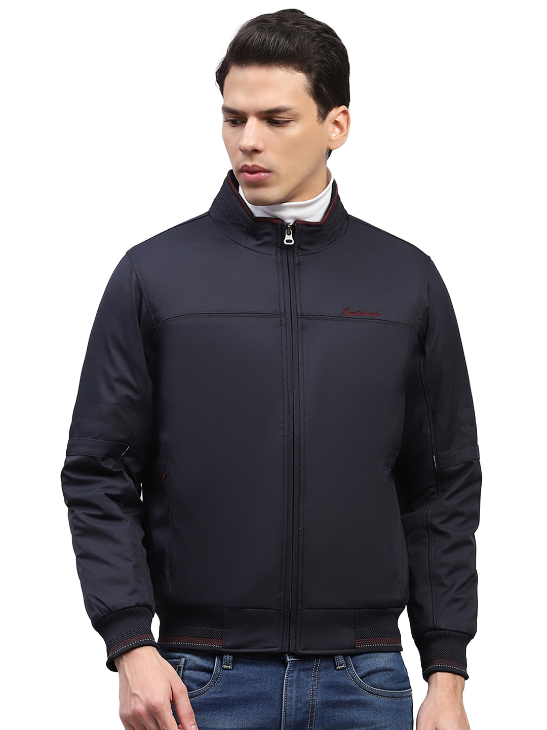Men Navy Blue Solid Collar Full Sleeve Jacket