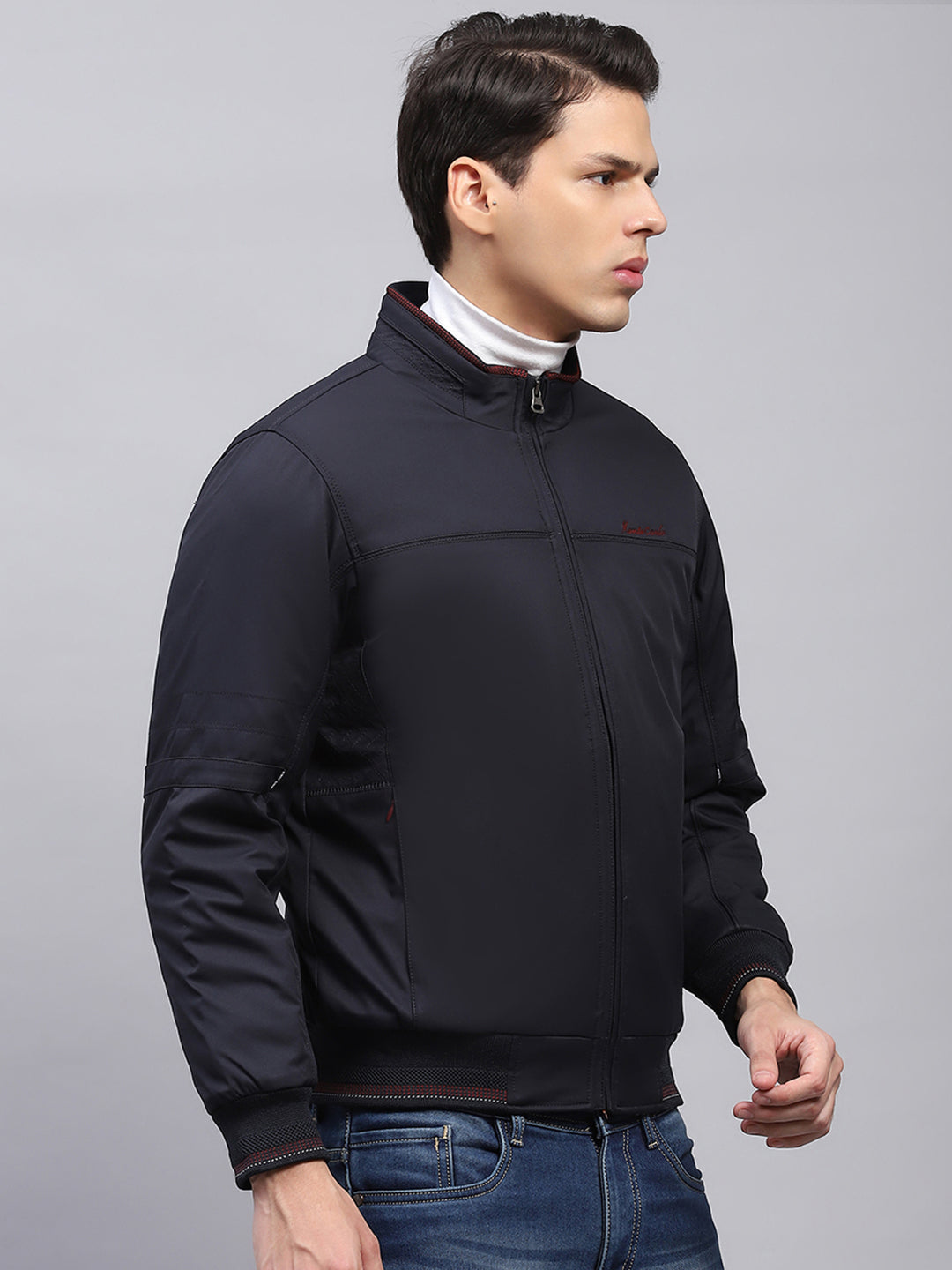 Men Navy Blue Solid Collar Full Sleeve Jacket