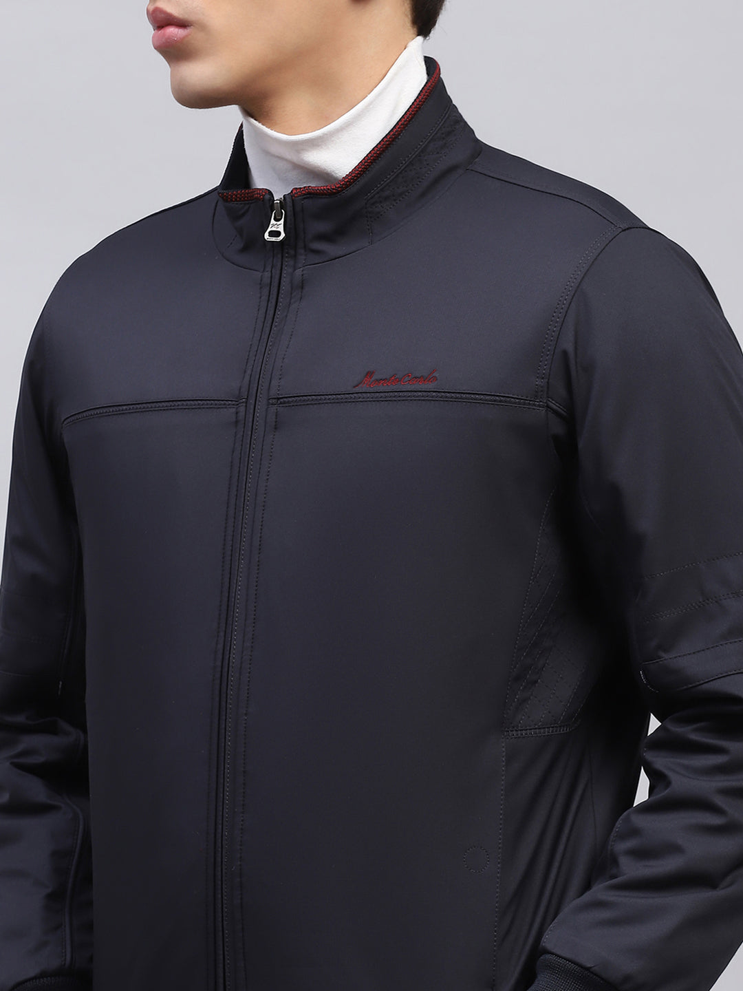 Men Navy Blue Solid Collar Full Sleeve Jacket