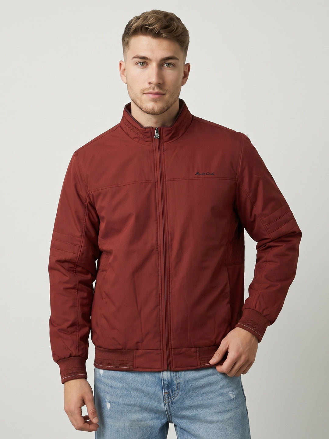 Men Red Solid Stand Collar Full Sleeve Bomber Jacket