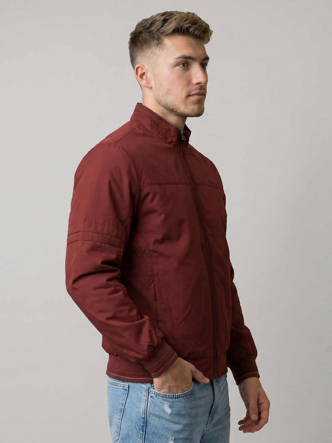 Men Red Solid Stand Collar Full Sleeve Bomber Jacket