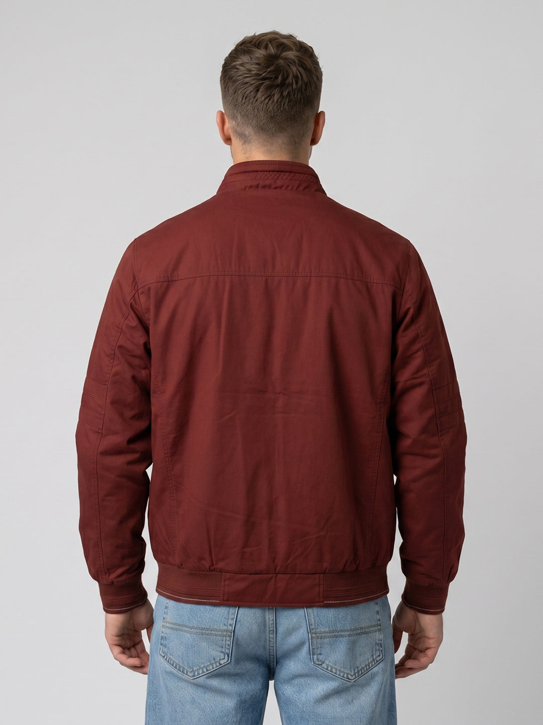Men Red Solid Stand Collar Full Sleeve Bomber Jacket