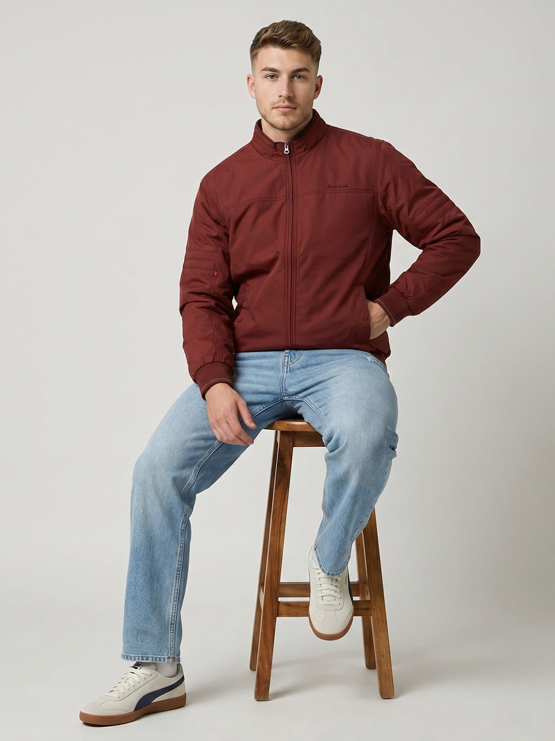 Men Red Solid Stand Collar Full Sleeve Bomber Jacket