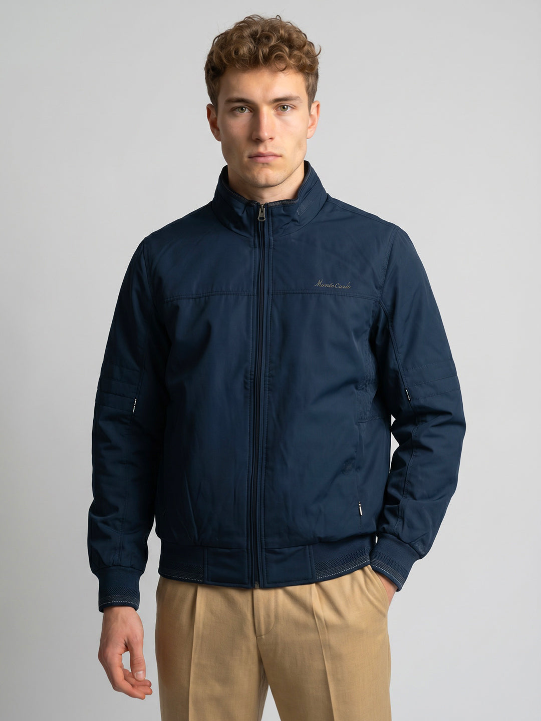 Men Blue Solid Stand Collar Full Sleeve Bomber Jacket