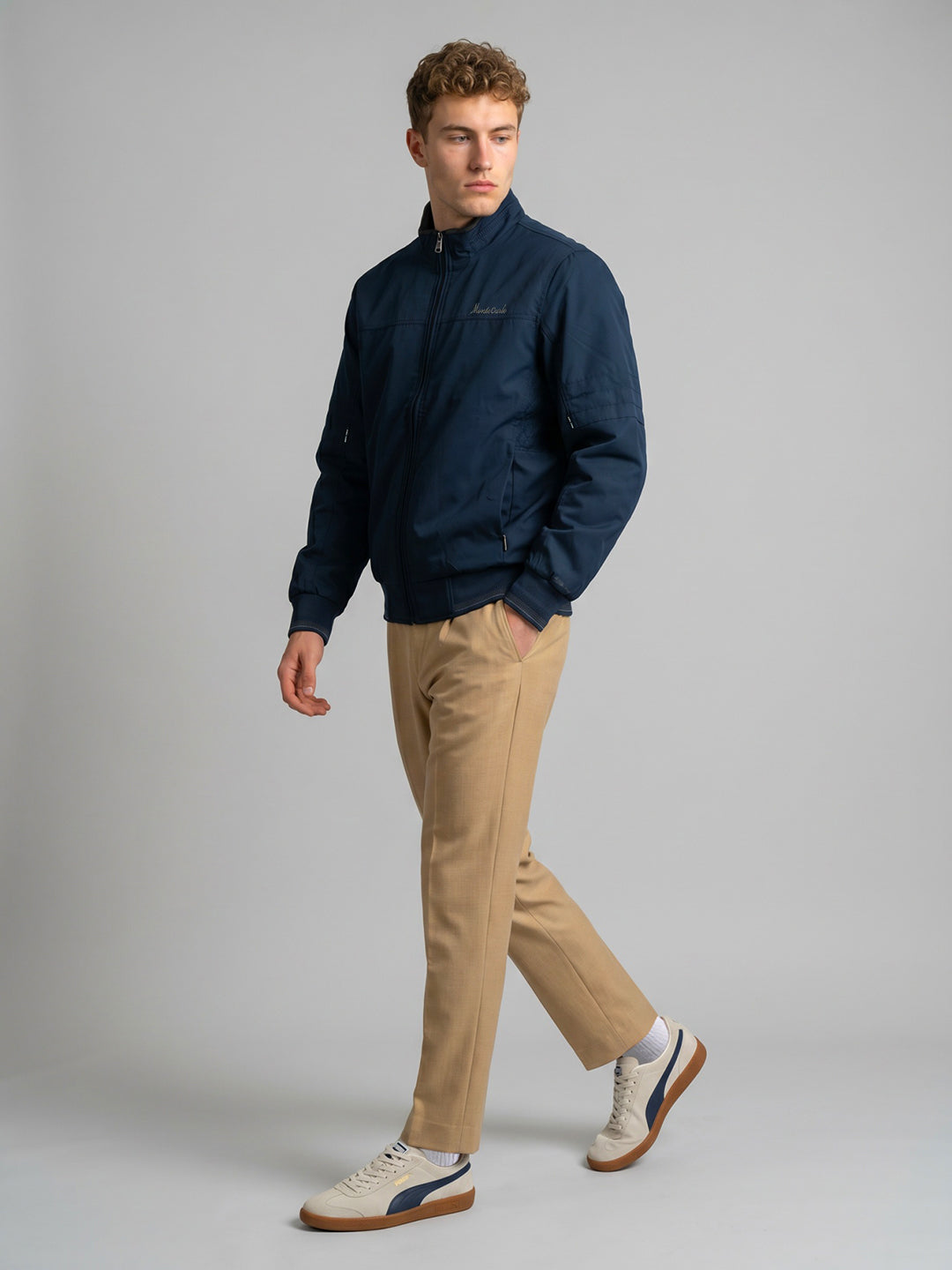 Men Blue Solid Stand Collar Full Sleeve Bomber Jacket