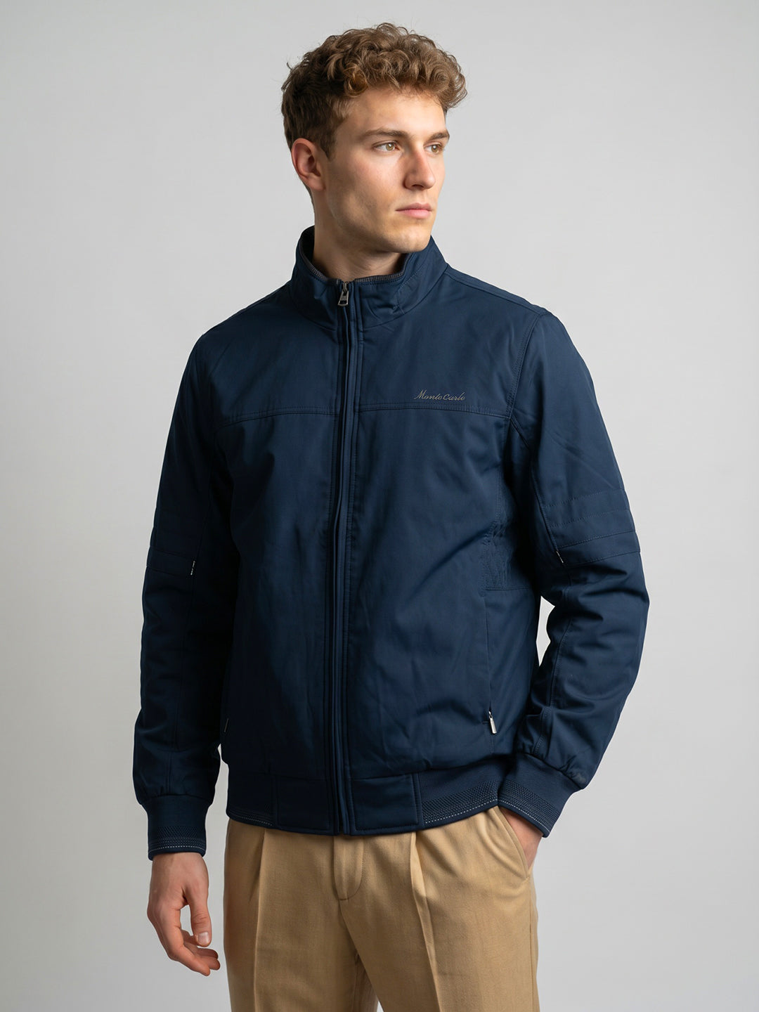 Men Blue Solid Stand Collar Full Sleeve Bomber Jacket