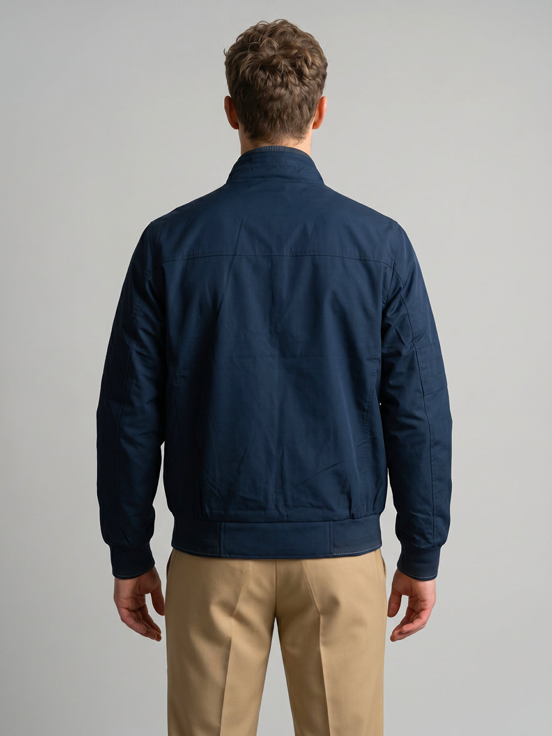 Men Blue Solid Stand Collar Full Sleeve Bomber Jacket
