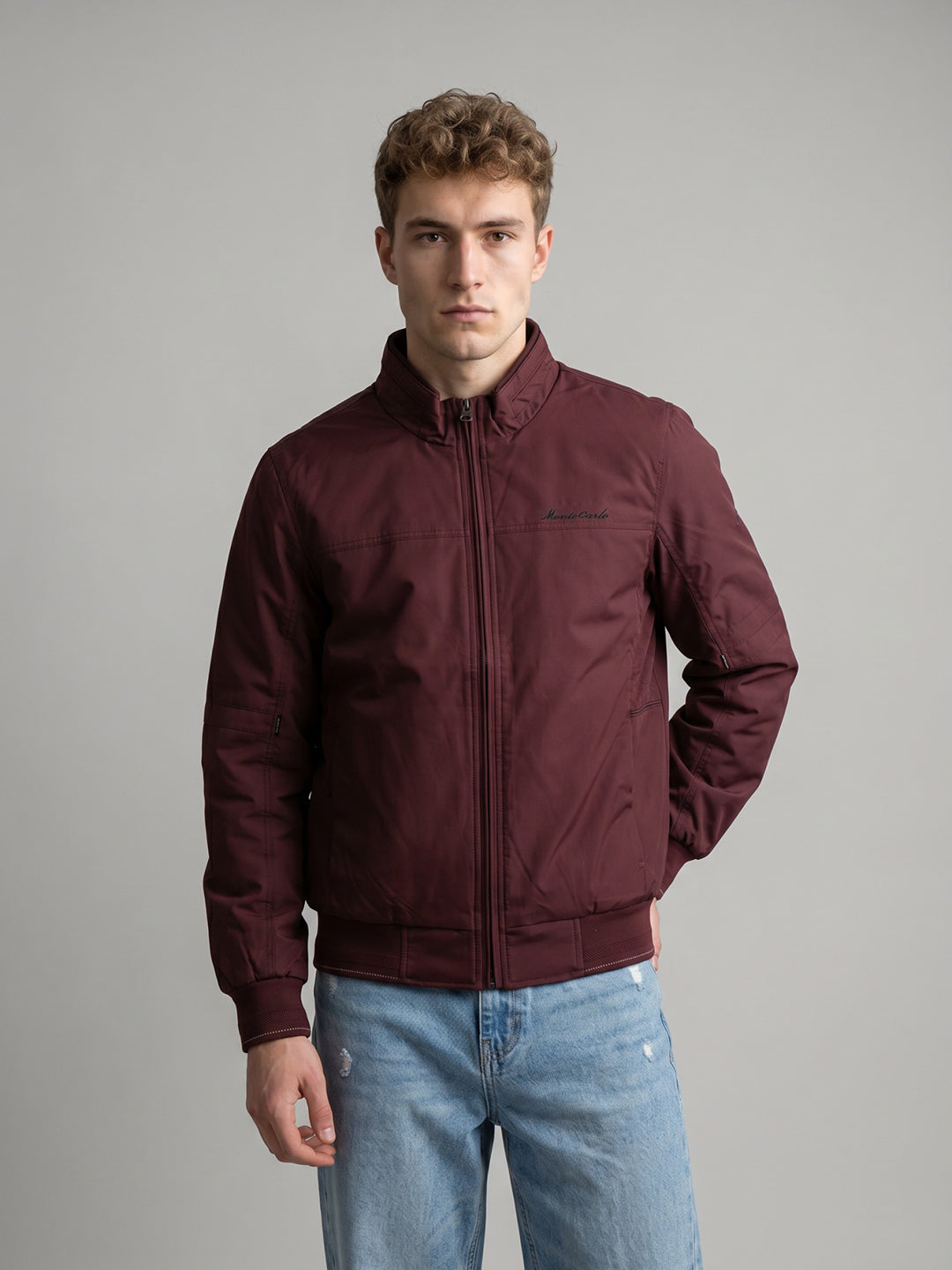 Men Maroon Solid Stand Collar Full Sleeve Bomber Jacket