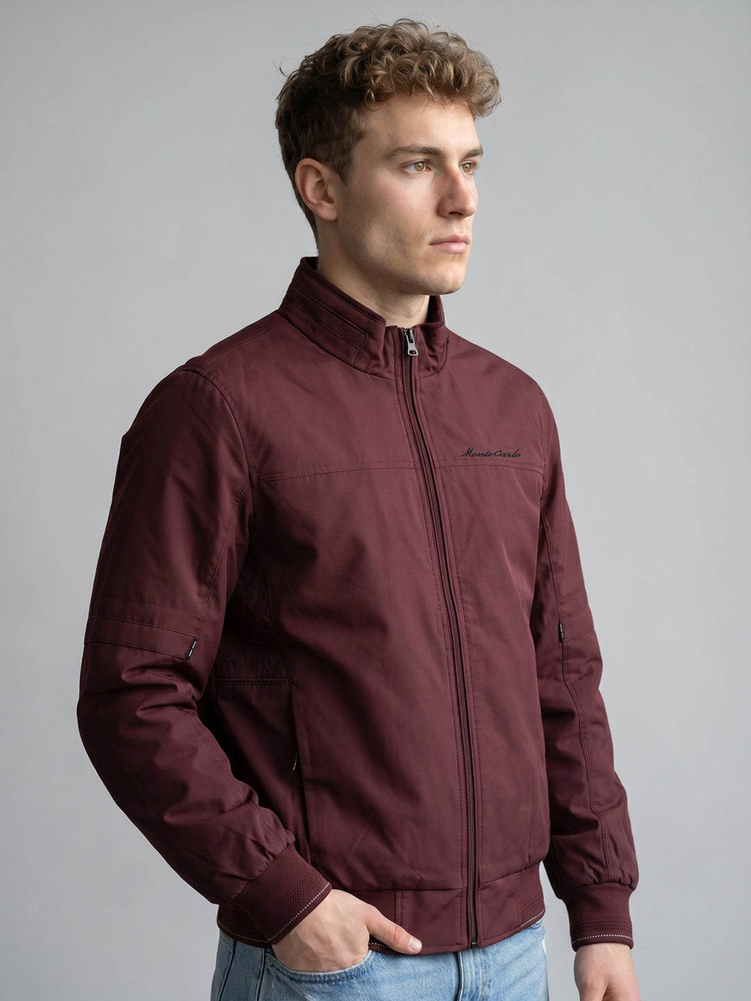 Men Maroon Solid Stand Collar Full Sleeve Bomber Jacket