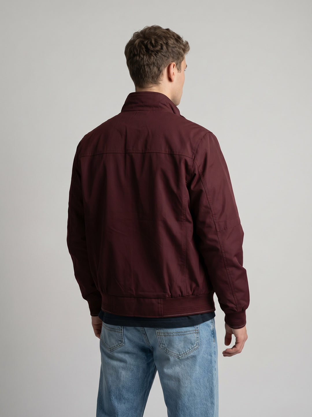 Men Maroon Solid Stand Collar Full Sleeve Bomber Jacket