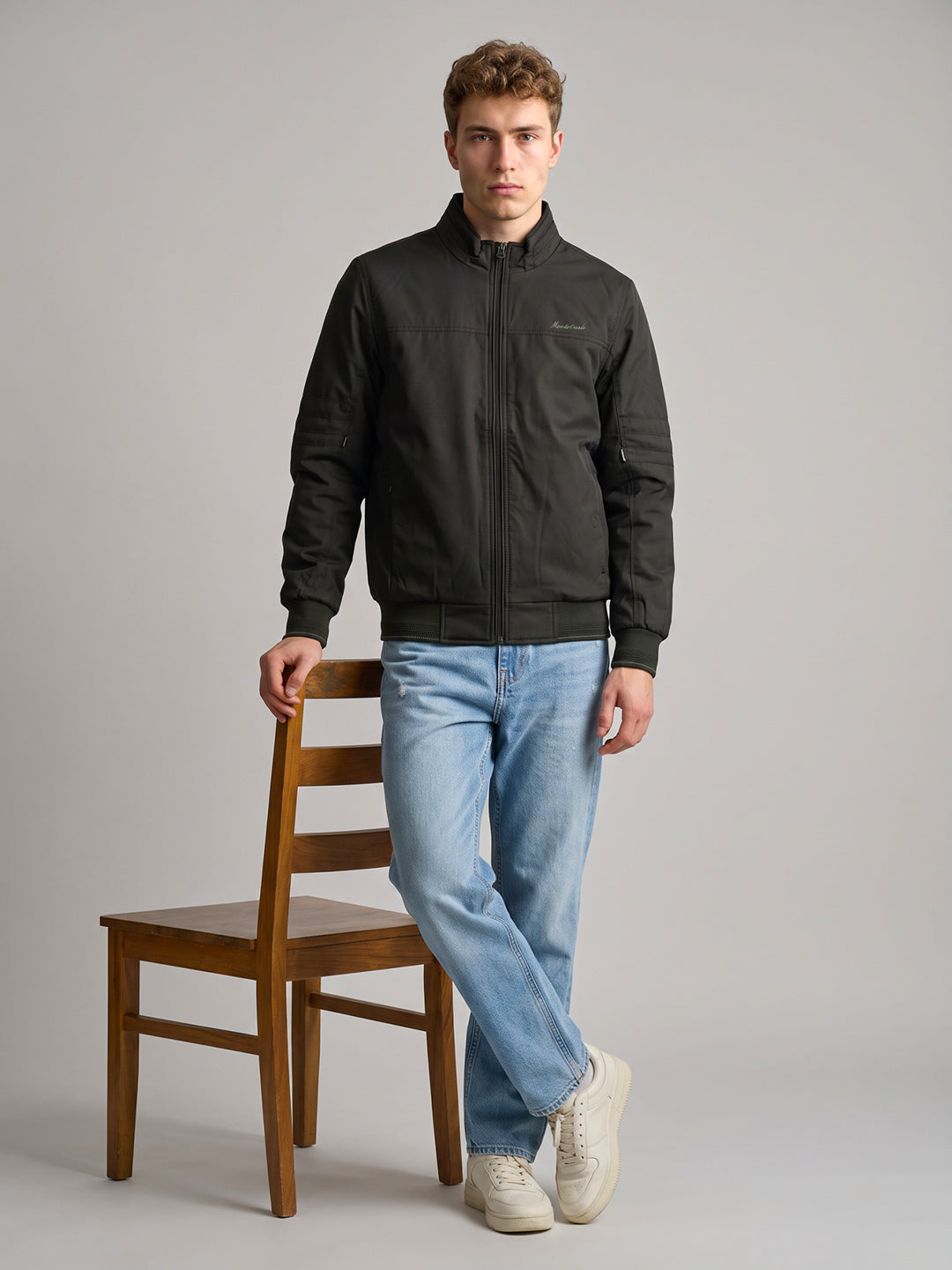 Men Grey Solid Stand Collar Full Sleeve Bomber Jacket