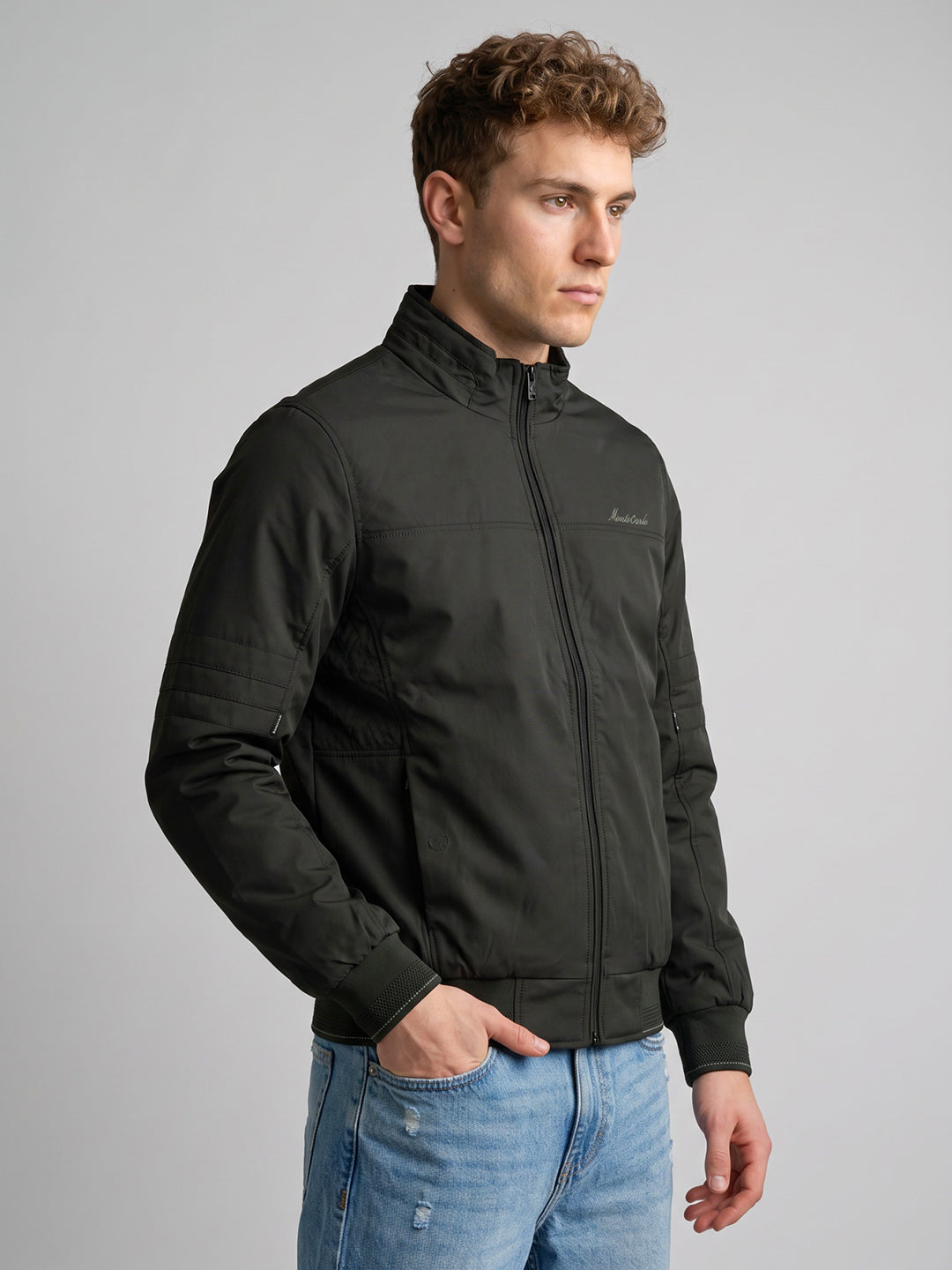 Men Grey Solid Stand Collar Full Sleeve Bomber Jacket