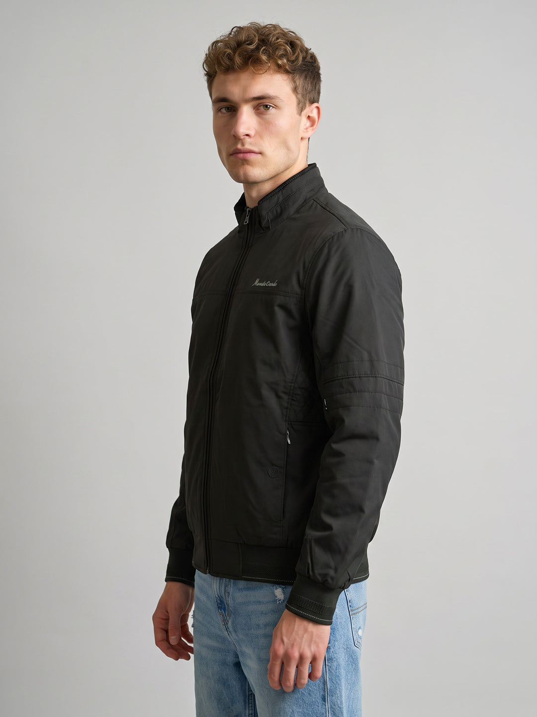 Men Grey Solid Stand Collar Full Sleeve Bomber Jacket