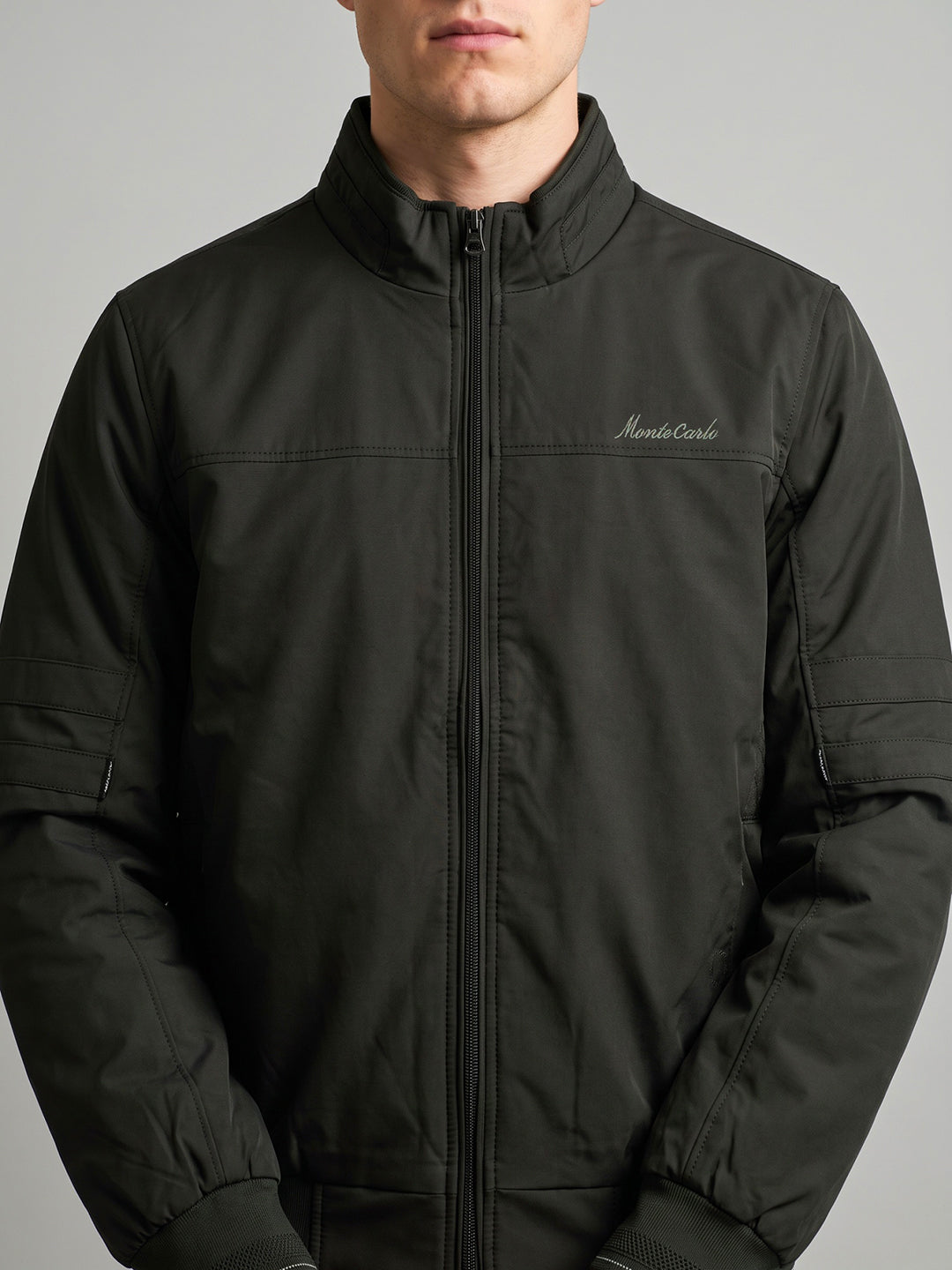 Men Grey Solid Stand Collar Full Sleeve Bomber Jacket