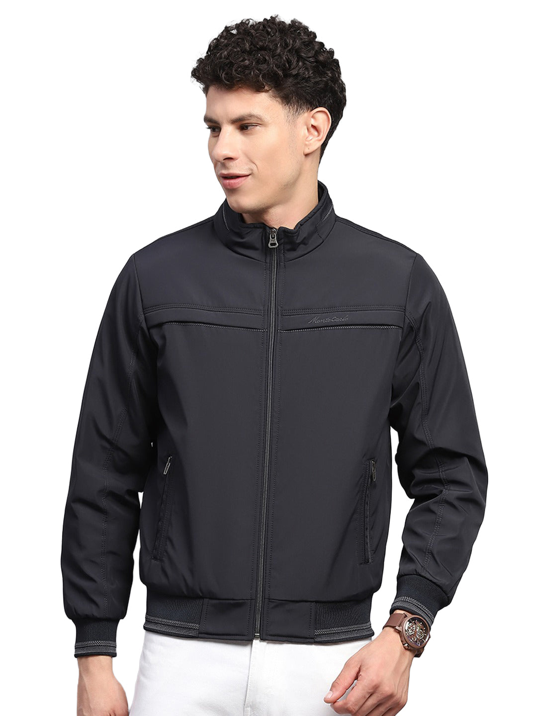 Men Navy Blue Solid Collar Full Sleeve Jacket