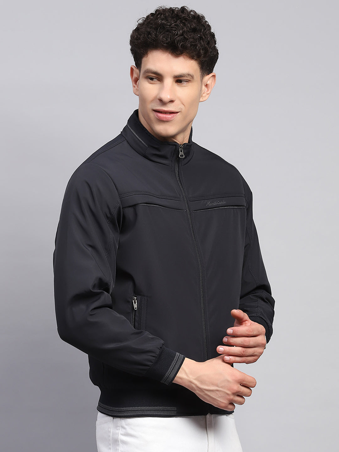 Men Navy Blue Solid Collar Full Sleeve Jacket